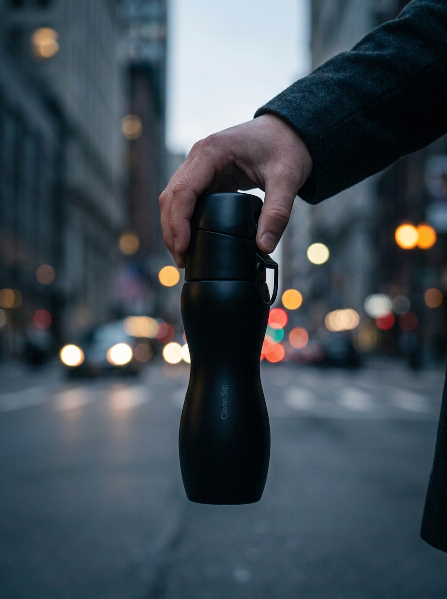 Hand carrying the bottle by its carry loop on a city street