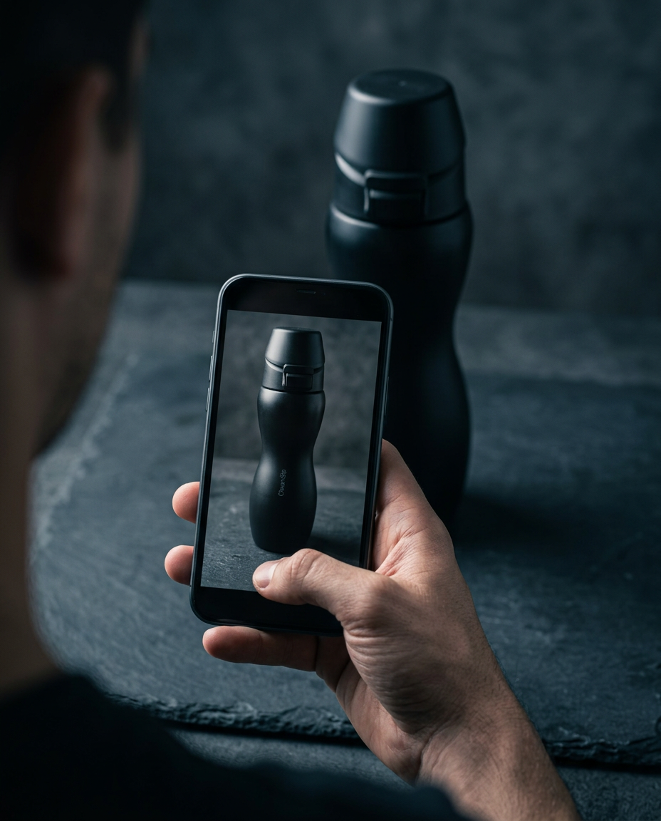 Phone screen showing the bottle being photographed on slate