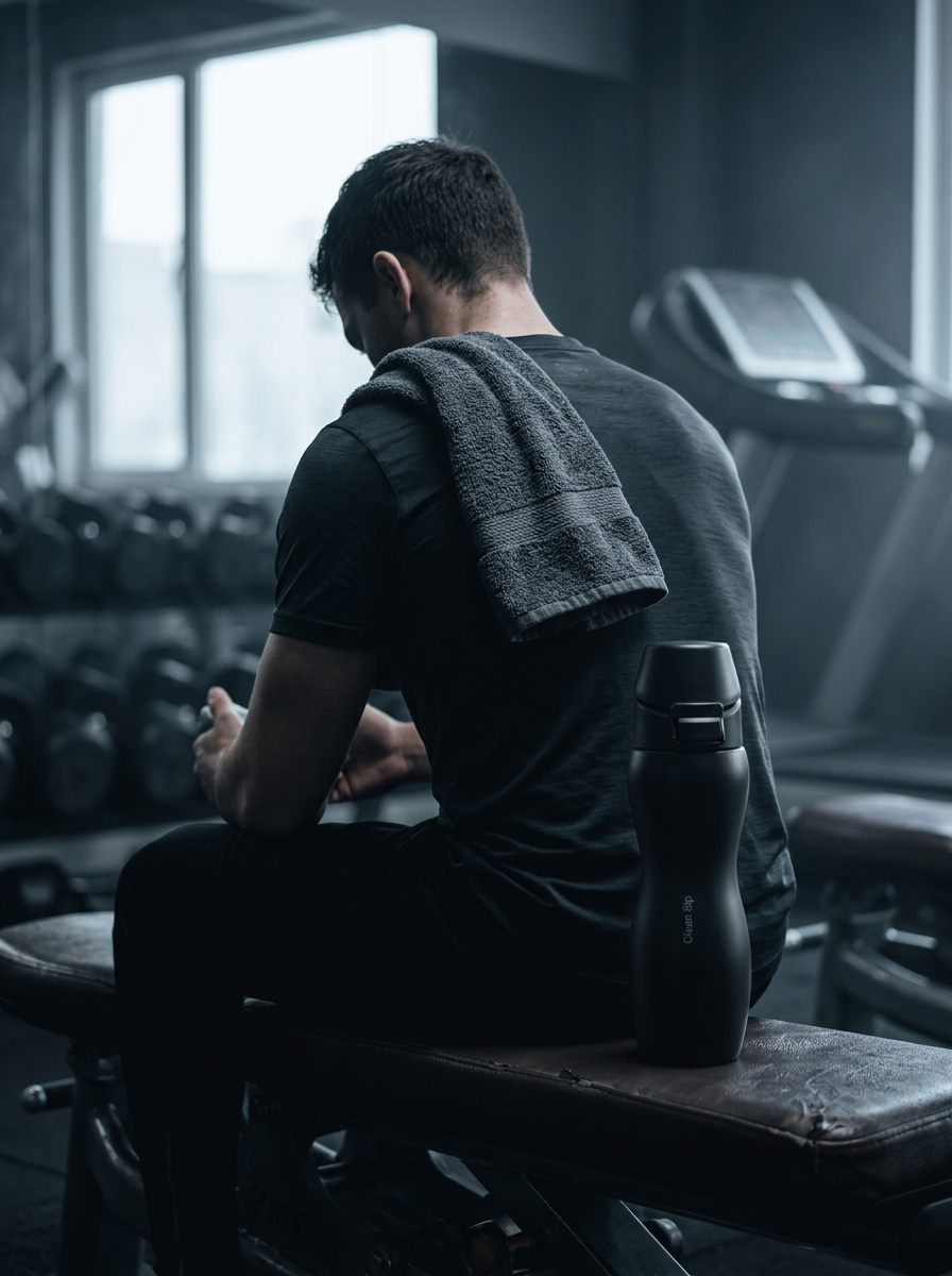 Man on a gym bench seen from behind with the bottle beside him