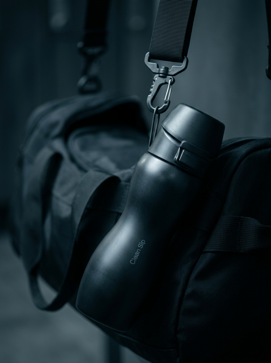 Bottle clipped by its carry loop to a gym bag strap