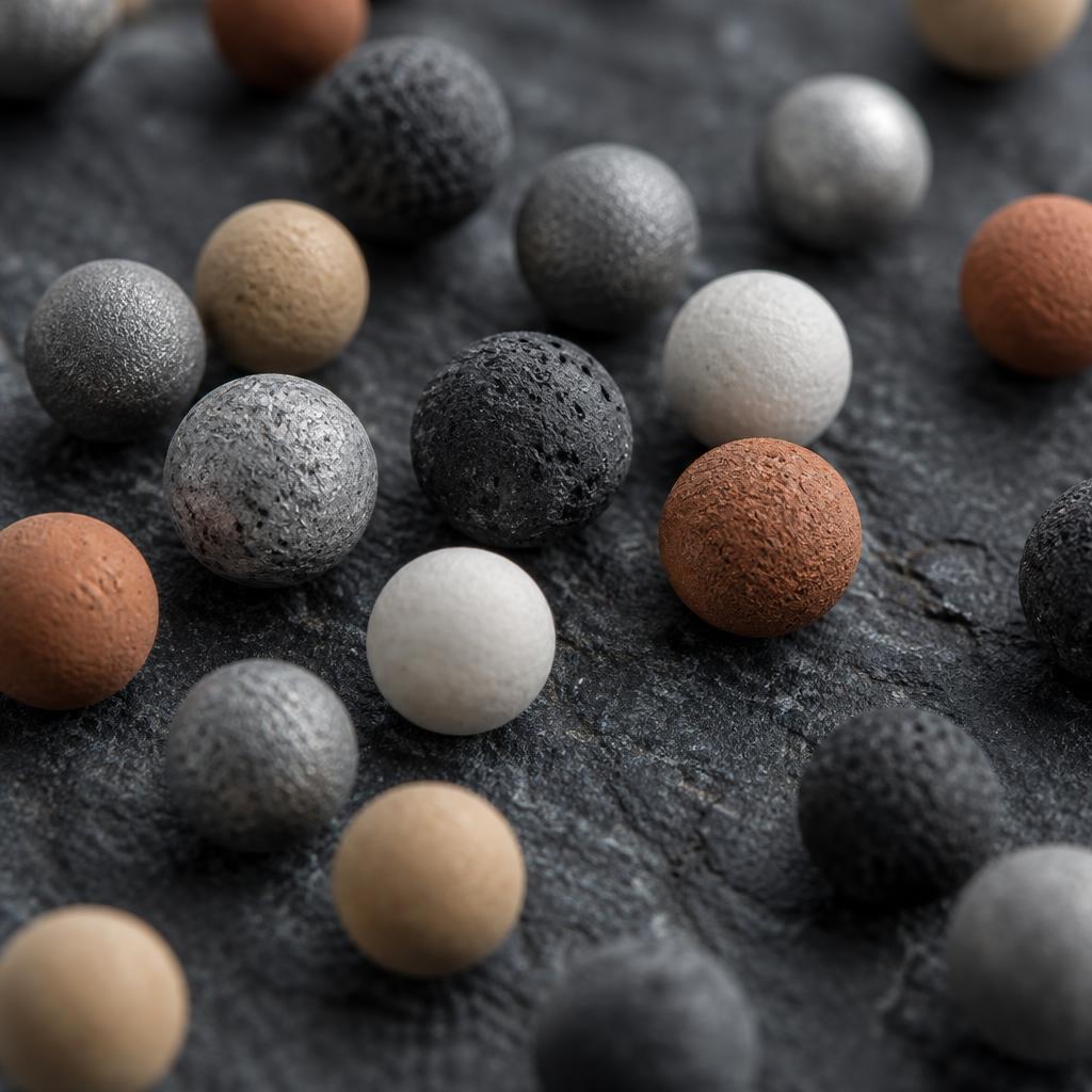 Macro of mineral filter beads in six colors on dark slate
