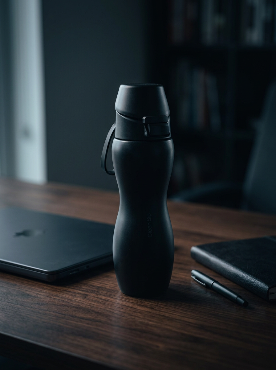 Matte black bottle on a walnut desk beside a closed laptop
