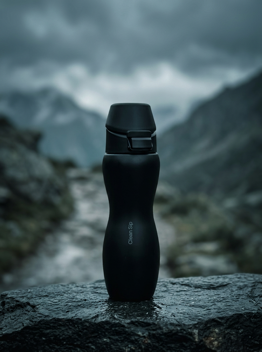 Matte black bottle on a rock ledge above a mountain trail